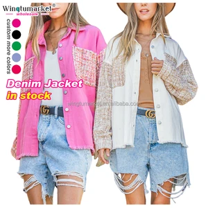 Wholesale Winter Coat White Hot pink Jackets Patchwork Fringe Shirt Shacket Oversized Denim Jacket Women