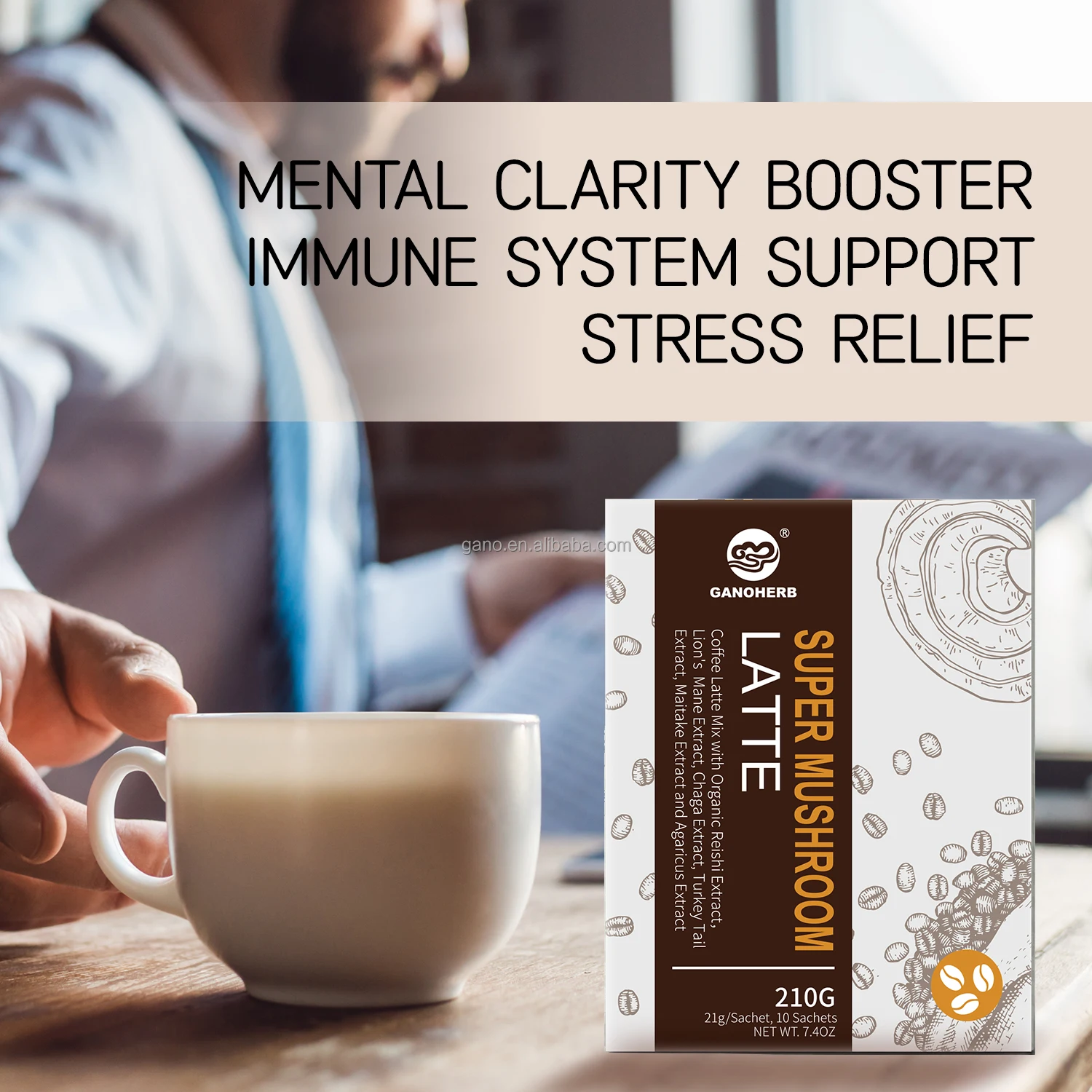 thumbnail image 2 of GANOHERB Reshi Mushroom Latte 4-in-1 Instant Coffee - Functional Beverage 2 of 10