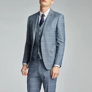 Exquisite Paris Light Blue Tuxedo Suit for Men Boy Groom's 3-Piece Tailored Business & Wedding Suits V-Neck Plaid Breathable
