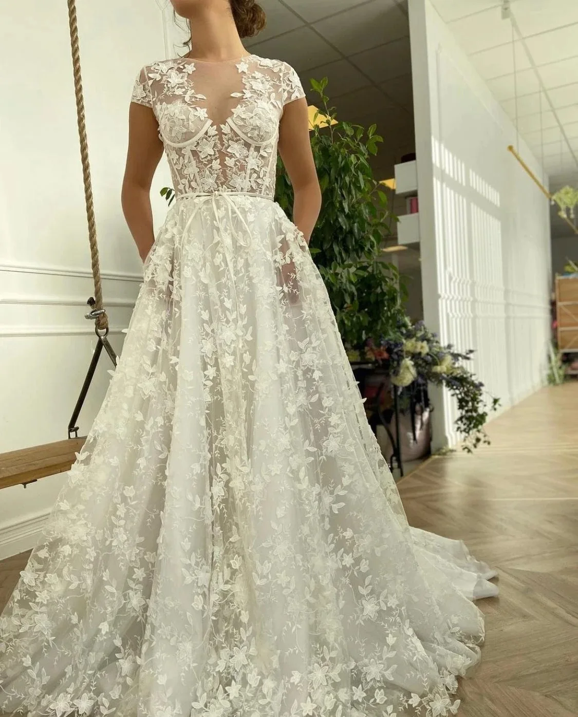 high waisted wedding dresses Casual High-Low Illusion Corset Lace Beach Wedding Dress – Brydealo