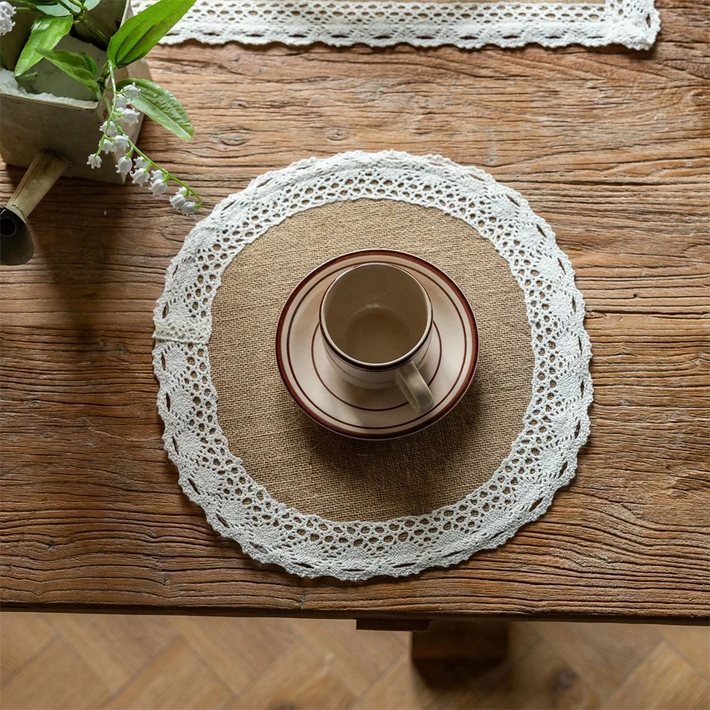 Burlap Braided Placemats for Dining Tables Heat Resistant Jute Table Mats Farmhouse Woven Natural Place Mats with White Lace Burlap Braided Placemats for Dining Tables Heat Resistant Jute Table Mats Farmhouse Woven Natural Place Mats with White Lace