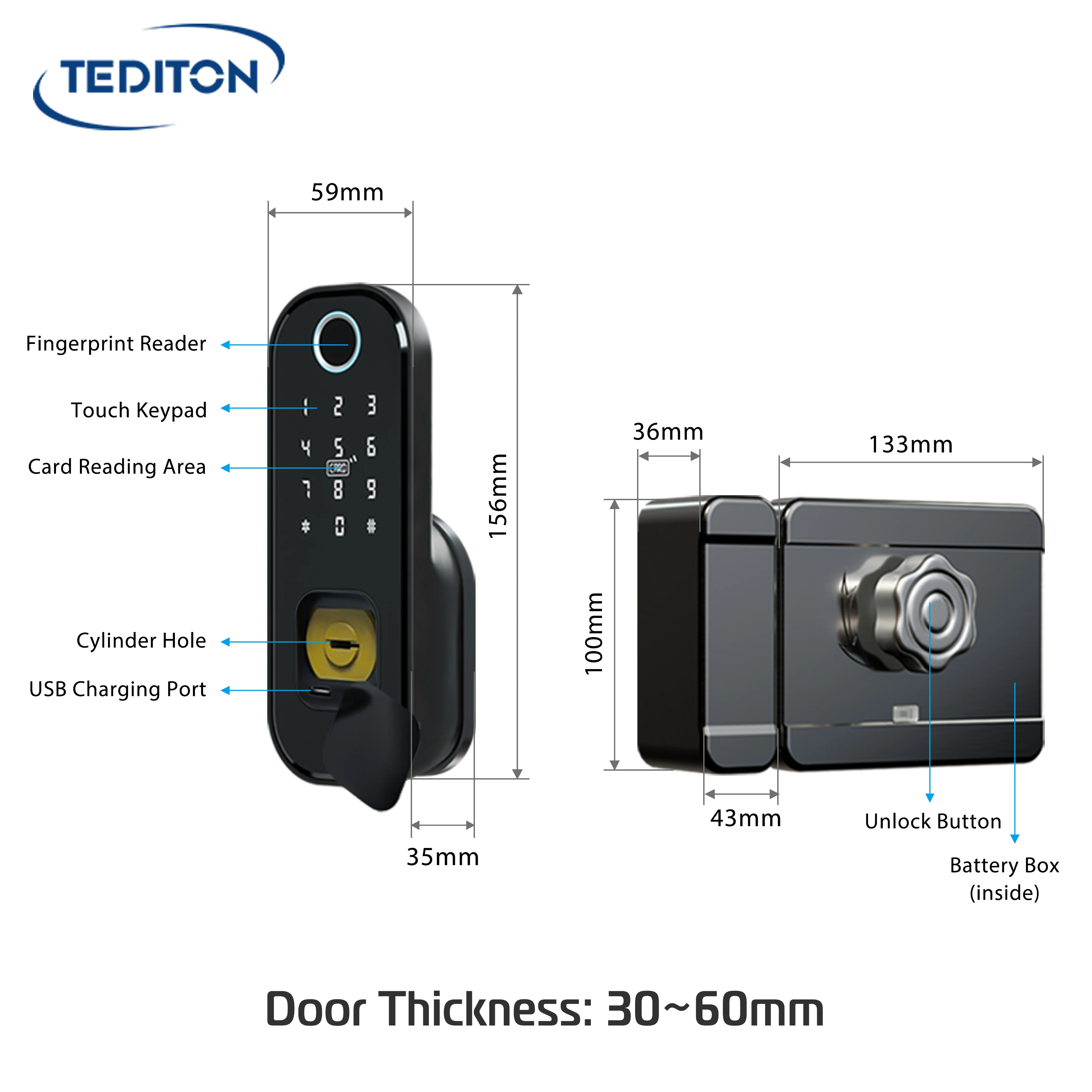 Tediton Waterproof Ttlock  App Electric Intelligent Digital Electronic Biometric Fingerprint Smart Rim Door Lock