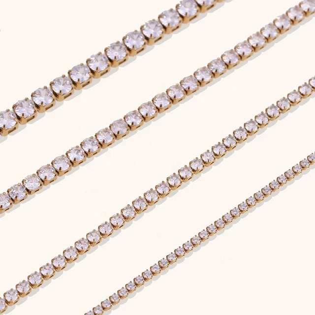 Dingran 2mm 3mm 4mm 5mm Shining Zircon Tennis Chain Necklace 18k Gold Plated Stainless Steel Choker Necklace