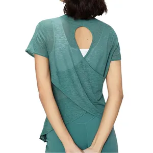 Summer Breathable Yoga T-shirt Hollow Out Back Sports Top Women Round Neck Gym Short Sleeve Yoga Wear