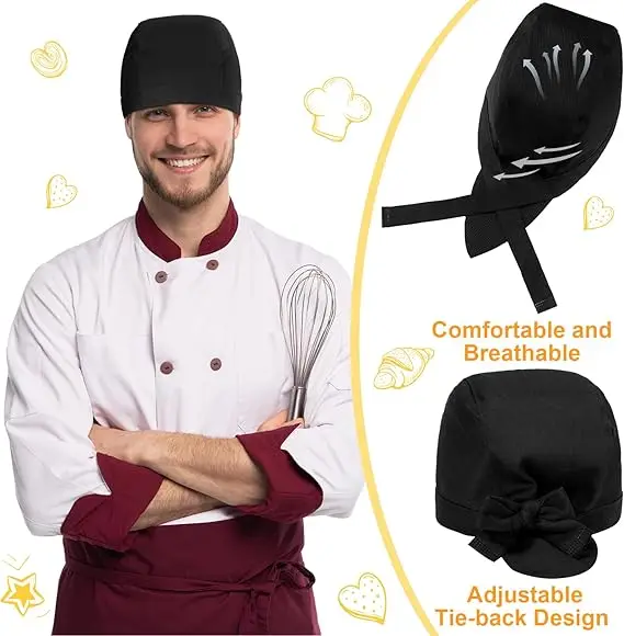 Tie Back Chef Hat for Men Adjustable Chef Cap Chefs Bandana Skull Cap Black Breathable Cooking Hat for Men Women