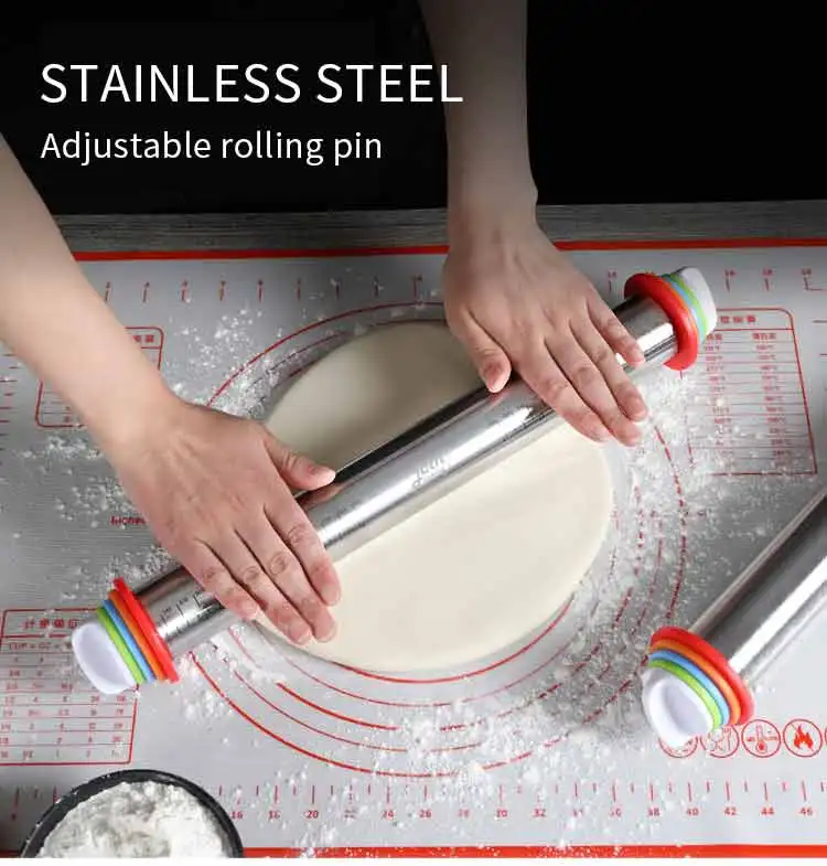 Custom Logo Home Use Adjustable Thickness Rings Dough Roller Stainless Steel Baking Rolling Pin With Silicone Pastry Mat