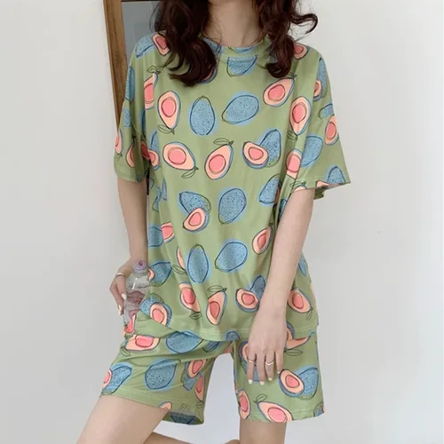 Summer Women's Cartoon Print Pajamas Ladies Pajamas Short Sleeve Shorts Sleepwear Girls Cute Printing Home Wear onesie w