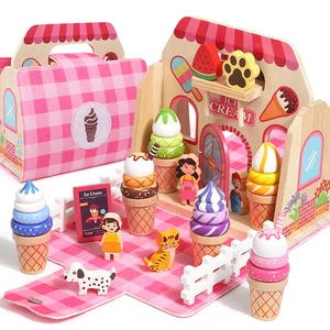 Montessori Wood Preschool Ice Cream Shop Portable Handbag Play Set Pretend Play  Kitchen & Food  Dessert Toy for Kid Boys Girls