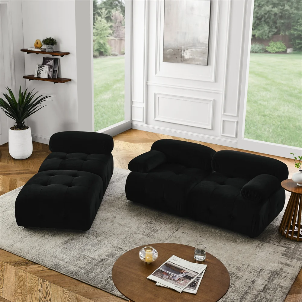 Dongguan Factory Velvet Button Tufted Designed Sectional Moduler Corner Biscuit Sofa Furniture with Chaise Reversible Ottaman