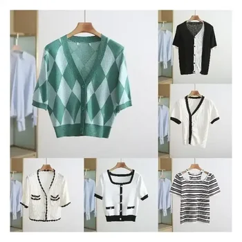 Large Size Korean Fashion Short Sleeve Tops Knitted Women's V Neck Cardigan Summer Sweater