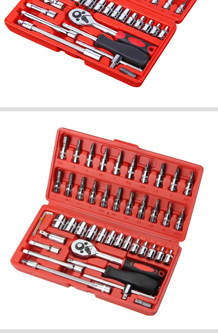 Factory direct selling heavy standard hand tools 46 piece auto repair kit socket wrench set plastic box