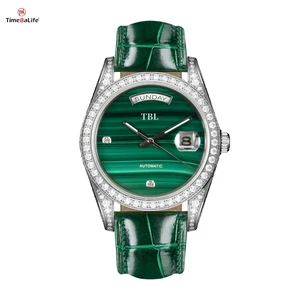 OEM Custom Luxury Pure Natural Malachite Automatic Watch for Men Full Diamond Stainless Steel case Mechanical Green Watches