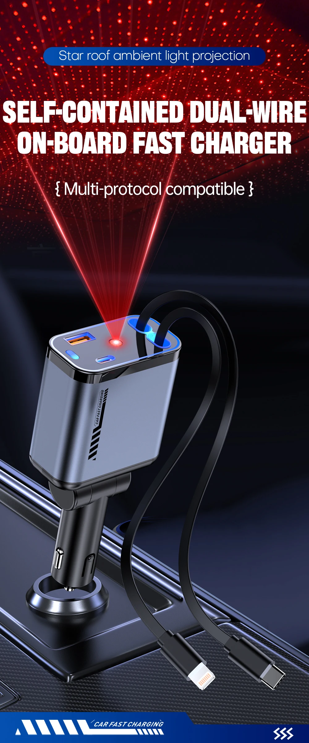 C6 Retractable Type C PD Cable Fast Charging Car Phone Charger Station Starry Sky Ambient Light Quick Adapter for Mobile
