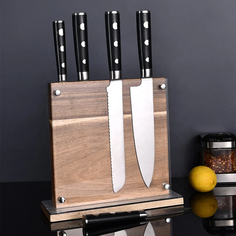 Strongly Magnetic wood Double Side Storage Knife Organizer Block Stand Holder with Acrylic Shield