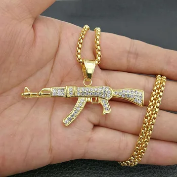 Mens Stainless Steel Iced Out Diamond Hip Hop Fashion Gold Gun Pendant