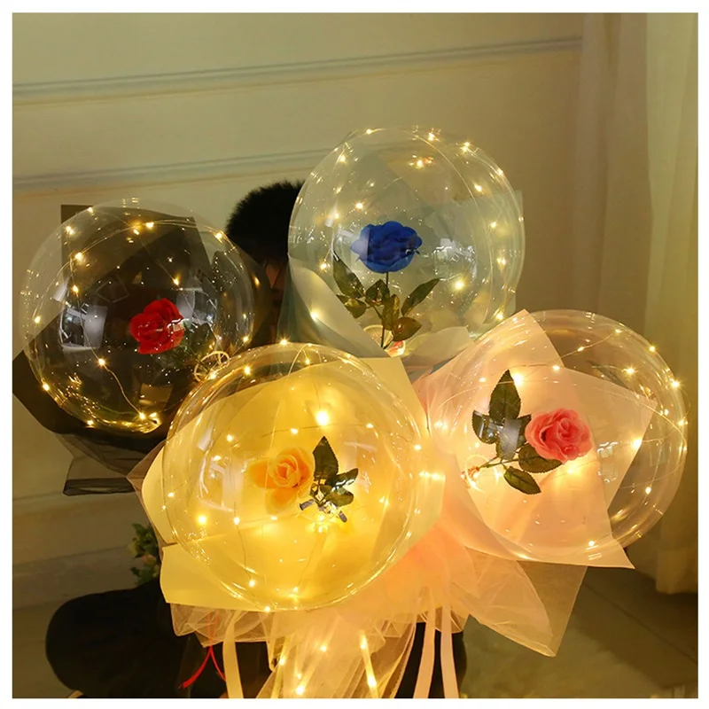 2022 Valentines Day Gifts Artificial Flowers Bouquet Led Balloons Clear Inside Bobo Balloon with Led Lights