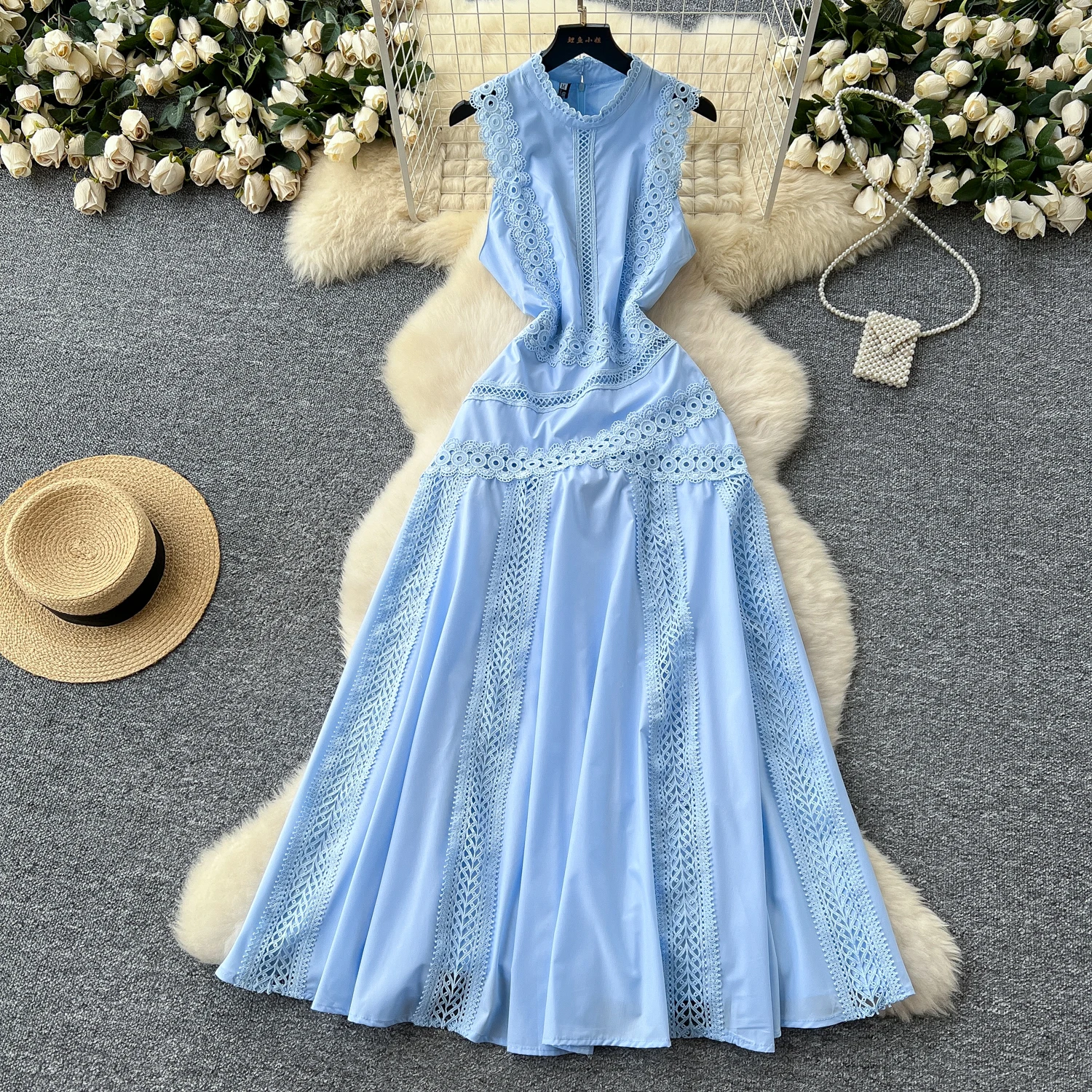 Ladies Clothes Sleeveless Lace Panel Dress Women'S Hollow-Out Long Dresses  Women Lady Elegant Casual Dresses