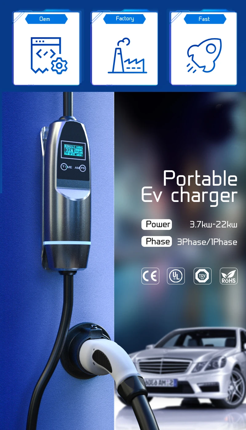 Home Use Portable Ev Charger Type 2 32a 7kw Ev Charger Electric Vehicle Charging Station Wall