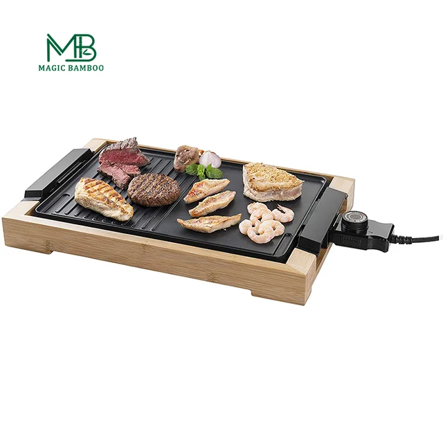 Teppanyaki Style Smooth Non-Stick Coating Controlled Temperature Bamboo Shell Electric Tabletop Grill