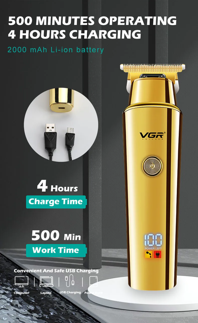 VGR Hair Clipper Rechargeable Hair Cutting Machine Cordless Hair Trimmer Electric Haircut Bald Head Zero Cutting Machine