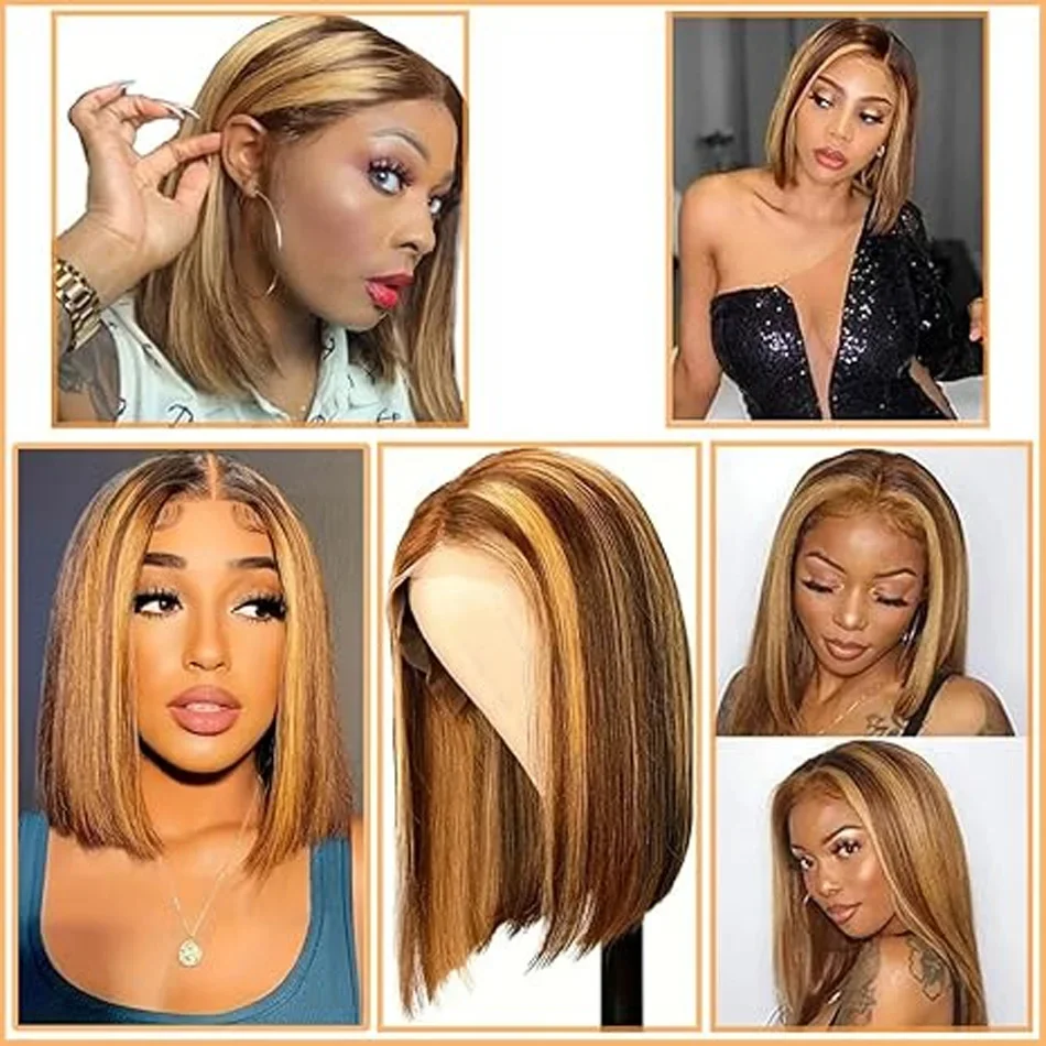 Parrucca frontale in pizzo 13x4 brasiliana Remy 100% capelli umani con mèches 4/27 parrucche corte lisce_voghion.com
