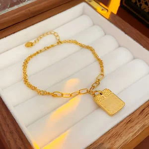 Golden Lock Shaped Pendant Bracelet Double Layer Chain Bracelet with Chinese Style Pattern Elegant Party Jewelry for Women