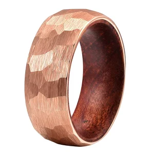 Coolstyle Jewelry 8mm Wholesale Real Wood Inlay Rose Gold Hammered Tungsten Ring for Men Women Fashion Engagement Wedding Band