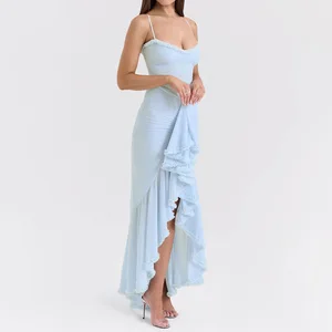 2026 Sexy Sleeveless Backless Slim Robes Women Elegant Irregular Ruffles Hem Lady Evening Party  Pleated Sling Maxi Dress