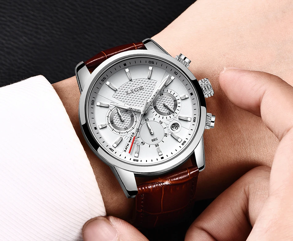 LIGE 9866 Mens leather watch Luxury Genuine Stainless Steel Waterproof  Sports Chronograph Quartz Wrist Watch Relogio Masculino