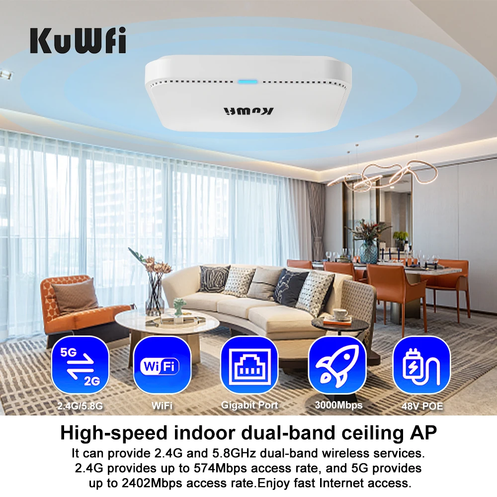 KuWFi Cloud WiFi 6 AX1800 Gigabit WiFi (802.11ax bi-Bande), Wireless Access Point Extérieur, Point d'accès PoE, Borne WiFi Amplificateur WiFi | MU-MIMO | 2 x Port Ethernet PoE Gigabit