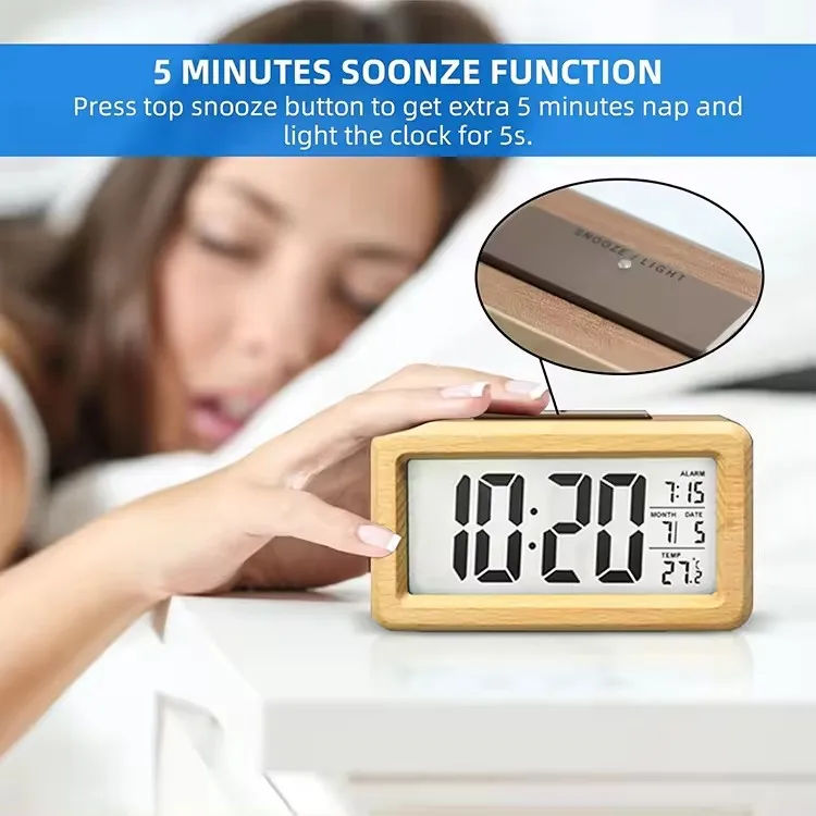 Battery Operated Lcd Smart Thin Digital Bamboo Wooden Table Temperature and Humidity Display Clock Temperature Humidity