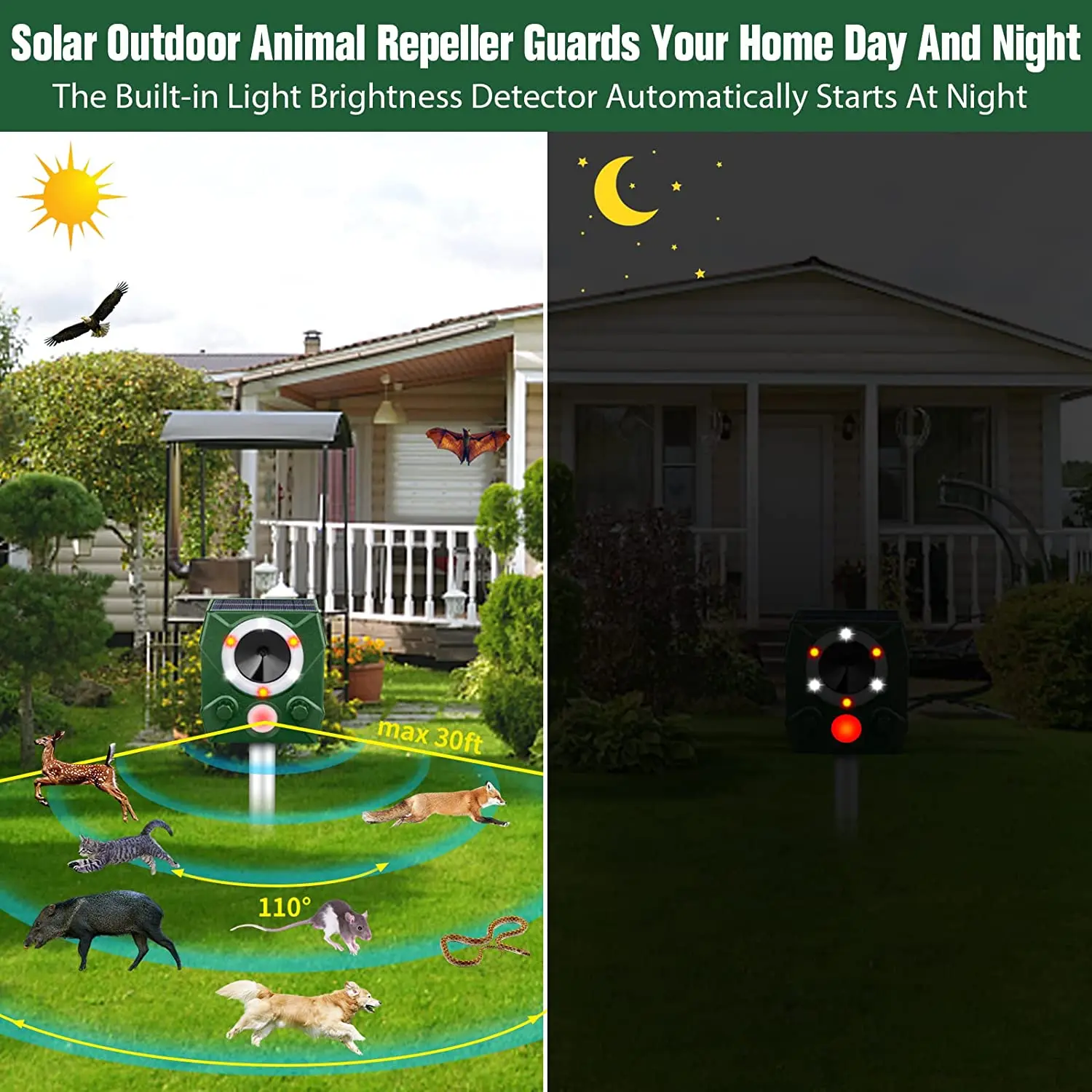 SAIJZEK.High Effective Waterproof Solar Powered Animal Repeller With Ultrasonic Repellent For Bird Wild Boars Foxes Wildlife manufacture