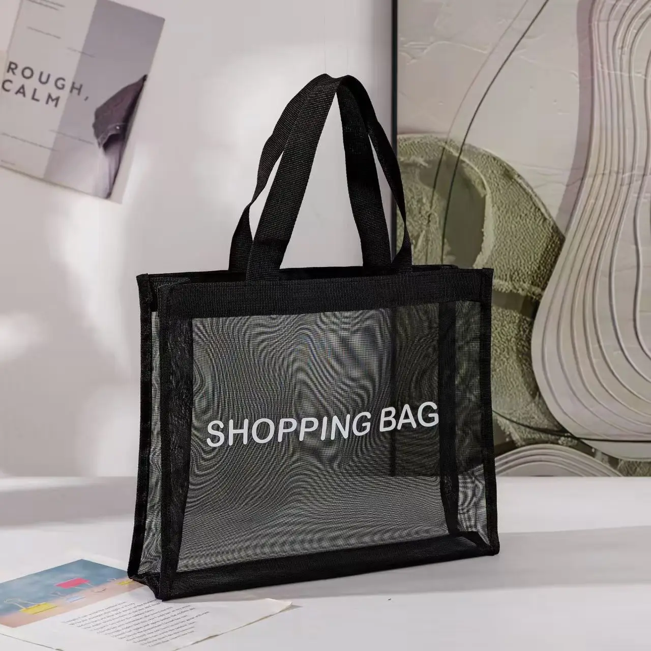 Custom Logo Fashion Screen Printed Large Mesh Tote Bag for Shopping Reusable Nylon Bag Wholesale Promotional Gifts preview 3