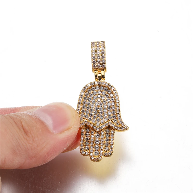 Hip Hop Jewelry Hamsa Hand Pendant Iced Out CZ Cubic Zirconia Necklace Iced Hamsa Hand Pendent Necklace in White Gold Jewelry