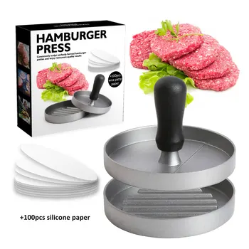 Kitchen Gadget Manual Non-stick Round Smash Burger Press Aluminum Hamburger Patty Maker with Silicone Paper