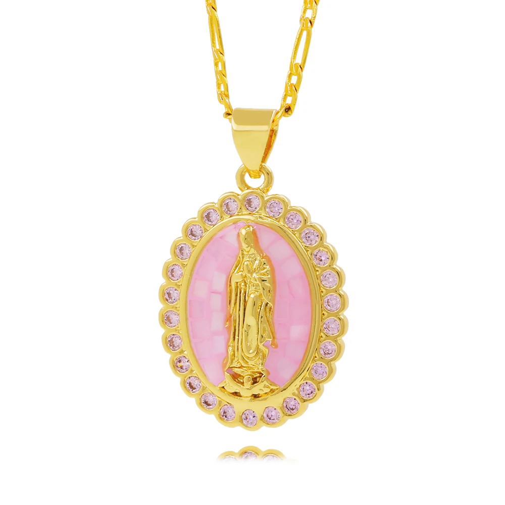 24K Gold Plated Virgin Mary Pendant Necklace with Colorful CZ