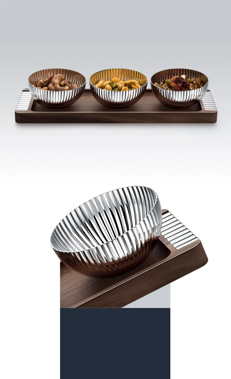 3 Pcs10cm Multipurpose Home Hotel Stainless Steel 304 Wooden Tray Dry Fruit Nut Serving Decorative Bowl Gift Set for Home Decor