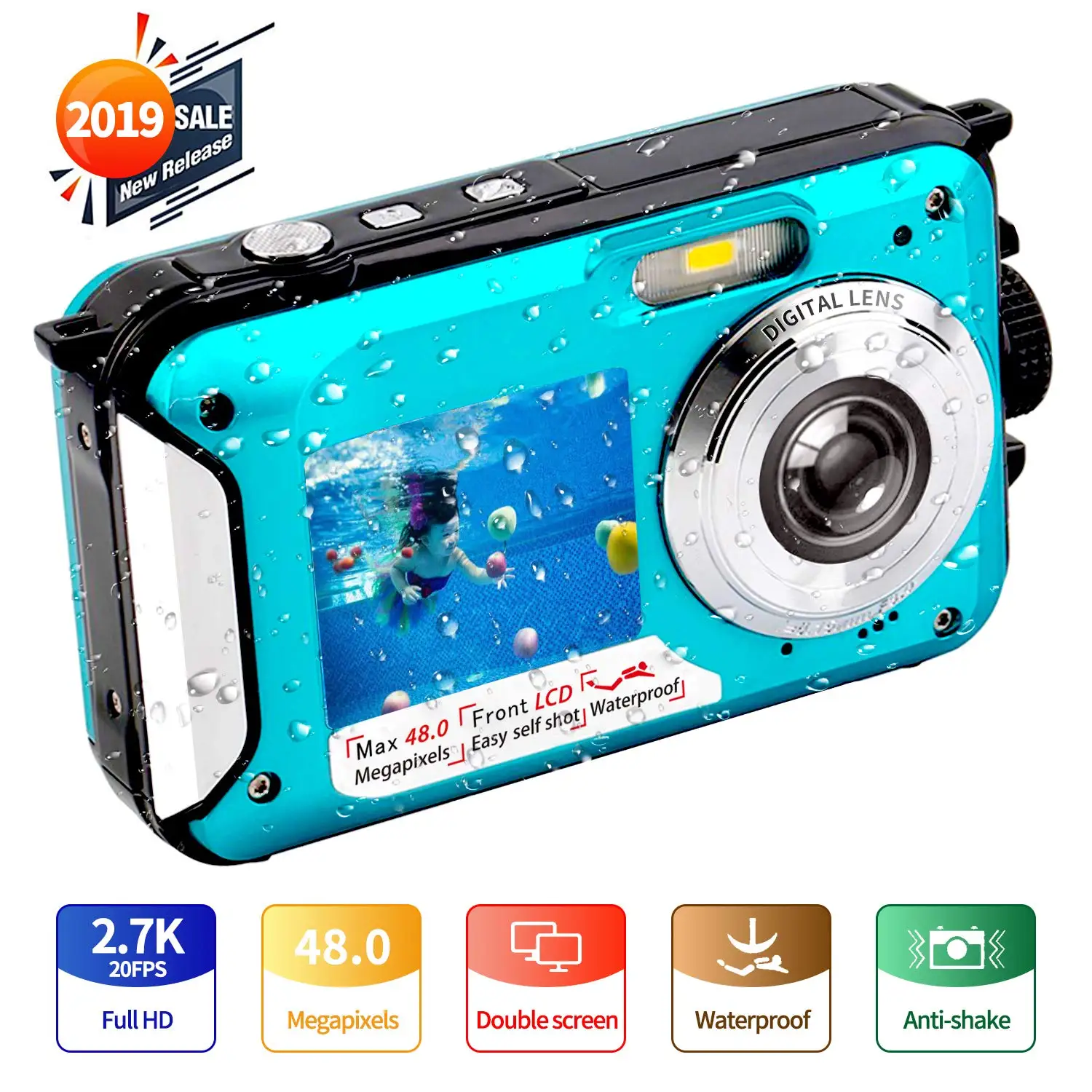 2.7K 48MP Digital Camera HD Rechargeable Underwater Camera Dual Lens Waterproof Cameras