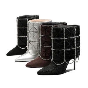 Wholesale Women's Rhinestone Grid Quilted Mid-Calf Boots with Pointed Toe and Stiletto Heel  Fashion Boots