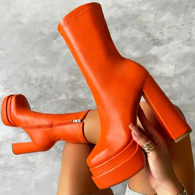 Green Double Platform Short Boots Solid Leather Side Zip Great Quality Ankle Boots Thick Heel Shoes Large Size 45