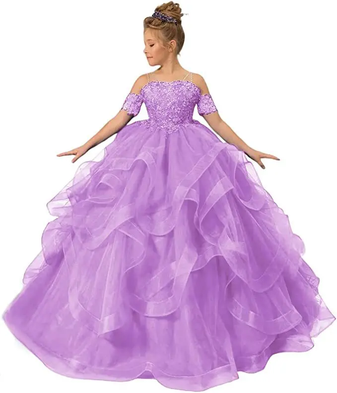 Girls' Flutter Sleeve Chiffon Flower Girl Dress - Lavender Long Gown For Wedding, Party