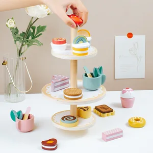 European Three-Layer Dessert Rack Cake Tower Fun Wooden Afternoon Tea Set Early Pretend Play & Preschool Toys for Children