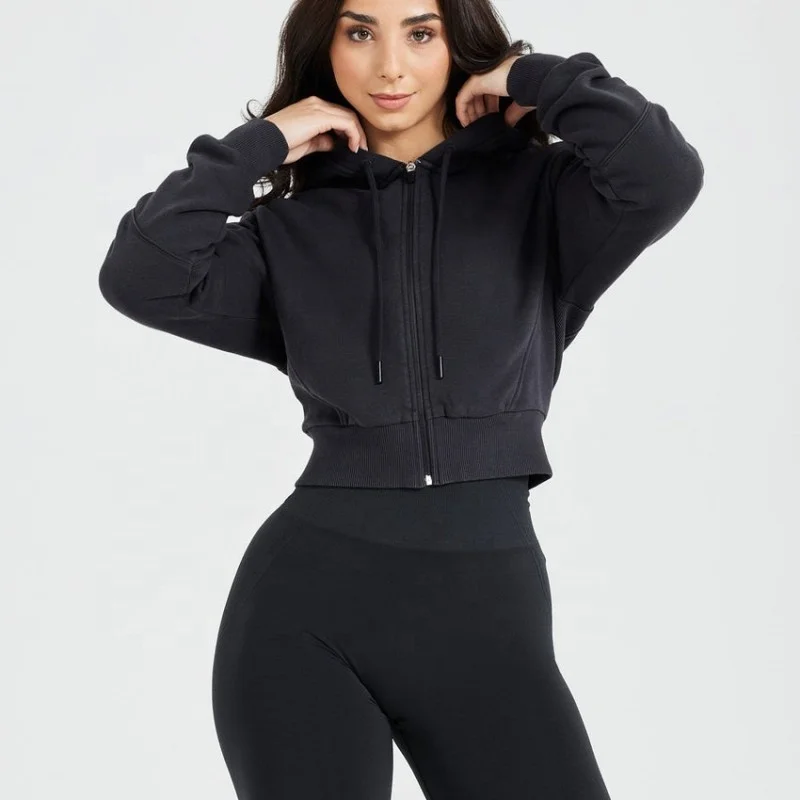 Customize Gym Wear Clothing Ladies Zip Up Hoodies Slim Fit Cropped Zip