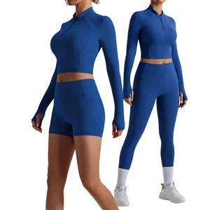 Custom Compression Workout Fitness Set Girls Active Wear 3pcs Yoga Shorts Set Long Sleeved Gym Wear Women