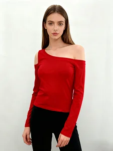 Women Spring/Autumn Soft Stretch High Quality Elegant off Shoulder Fashion Tops  Asymmetrical Neckline Shirts