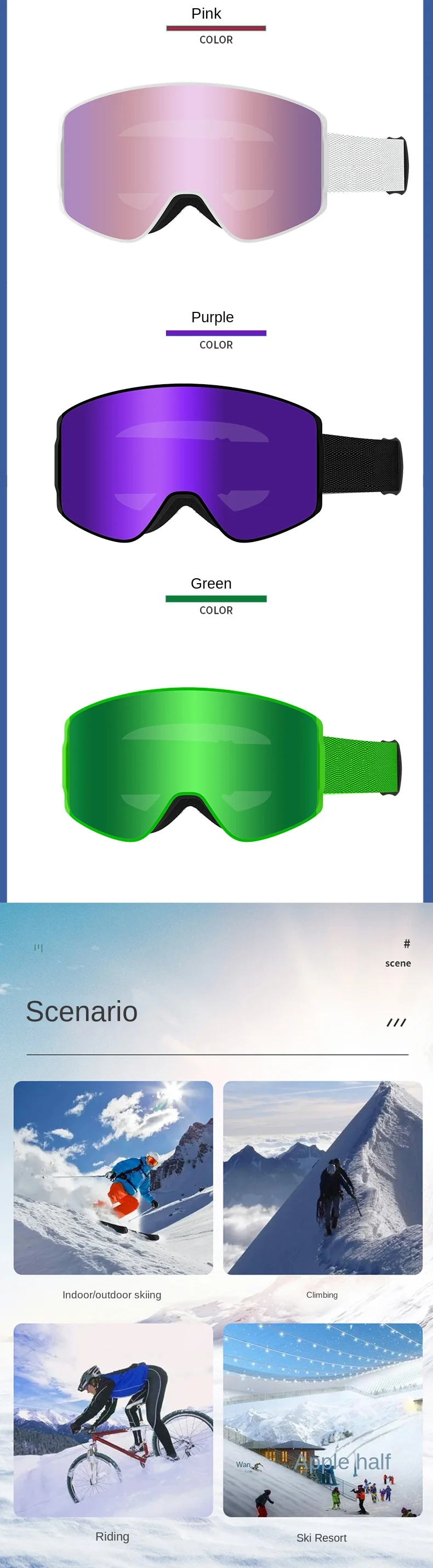 Magnetic Double-Layer Anti-Fog Ski Goggles for Men and Women with Color Mirror Coating