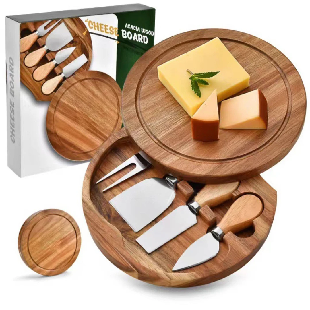 Acacia Round Cheese Board Pizza Bread Fruit Knife Box Combination Set