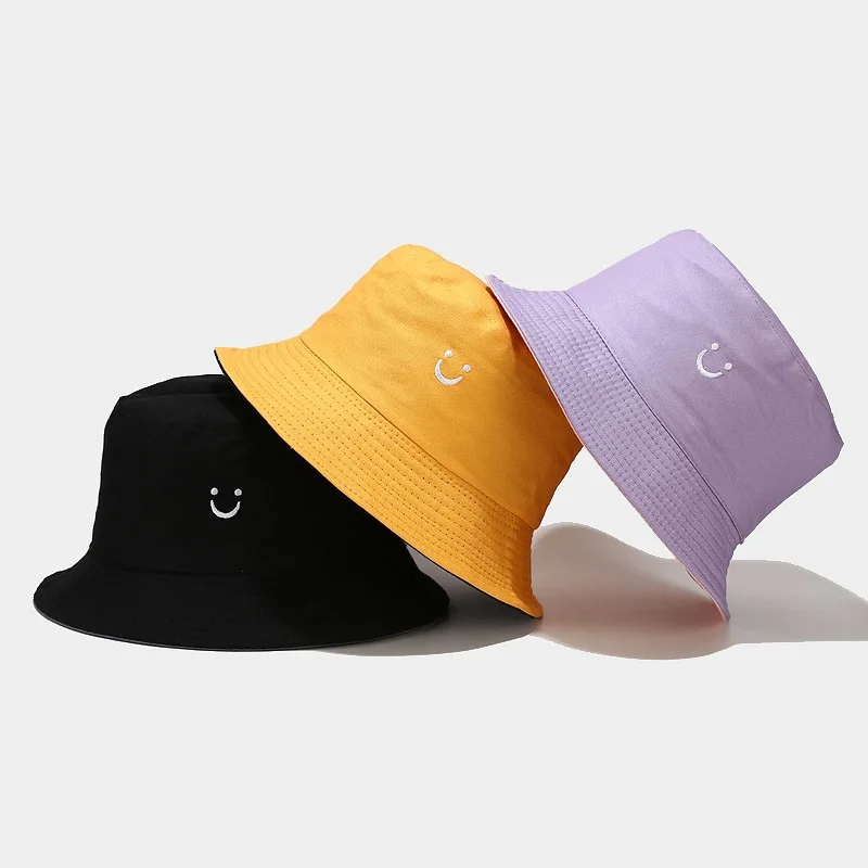 Wholesale Smiling Face Foldable Beach Sun Bucket Hats Custom Embroidered Fisherman Cap for Women Men
