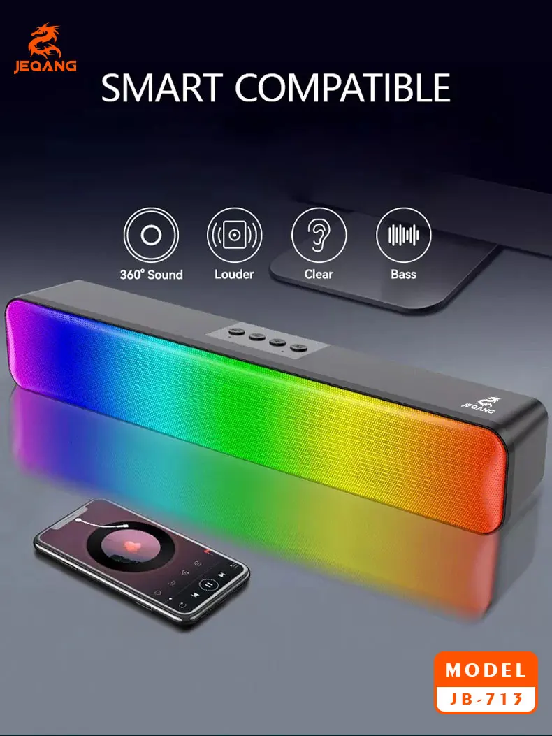 Jeqang JB-713 Modern Portable Wireless RGB Sound Bar Waterproof Computer Speakers USB Aux Communication Plastic for Outdoor Use