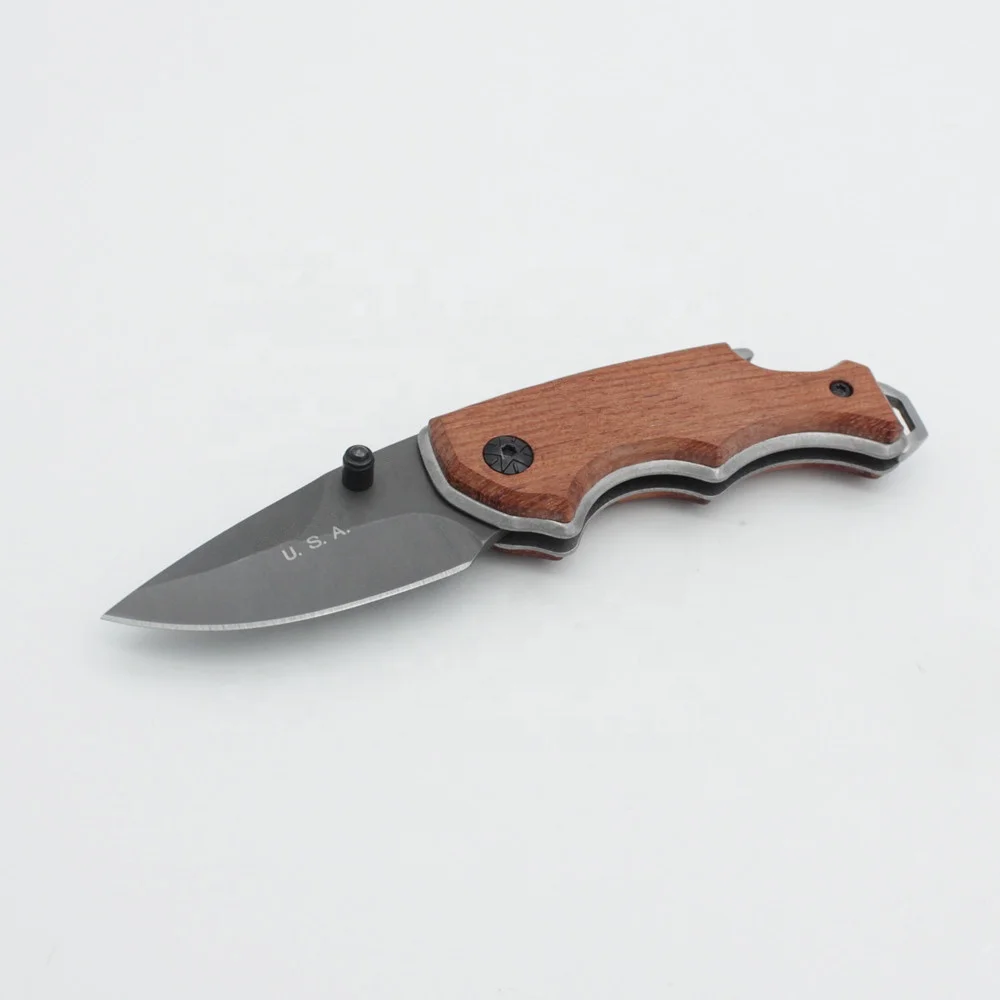 Engraved Padauk Wood Handle Grey Titanium Stainless Steel Blade Small Folding EDC Pocket Knife